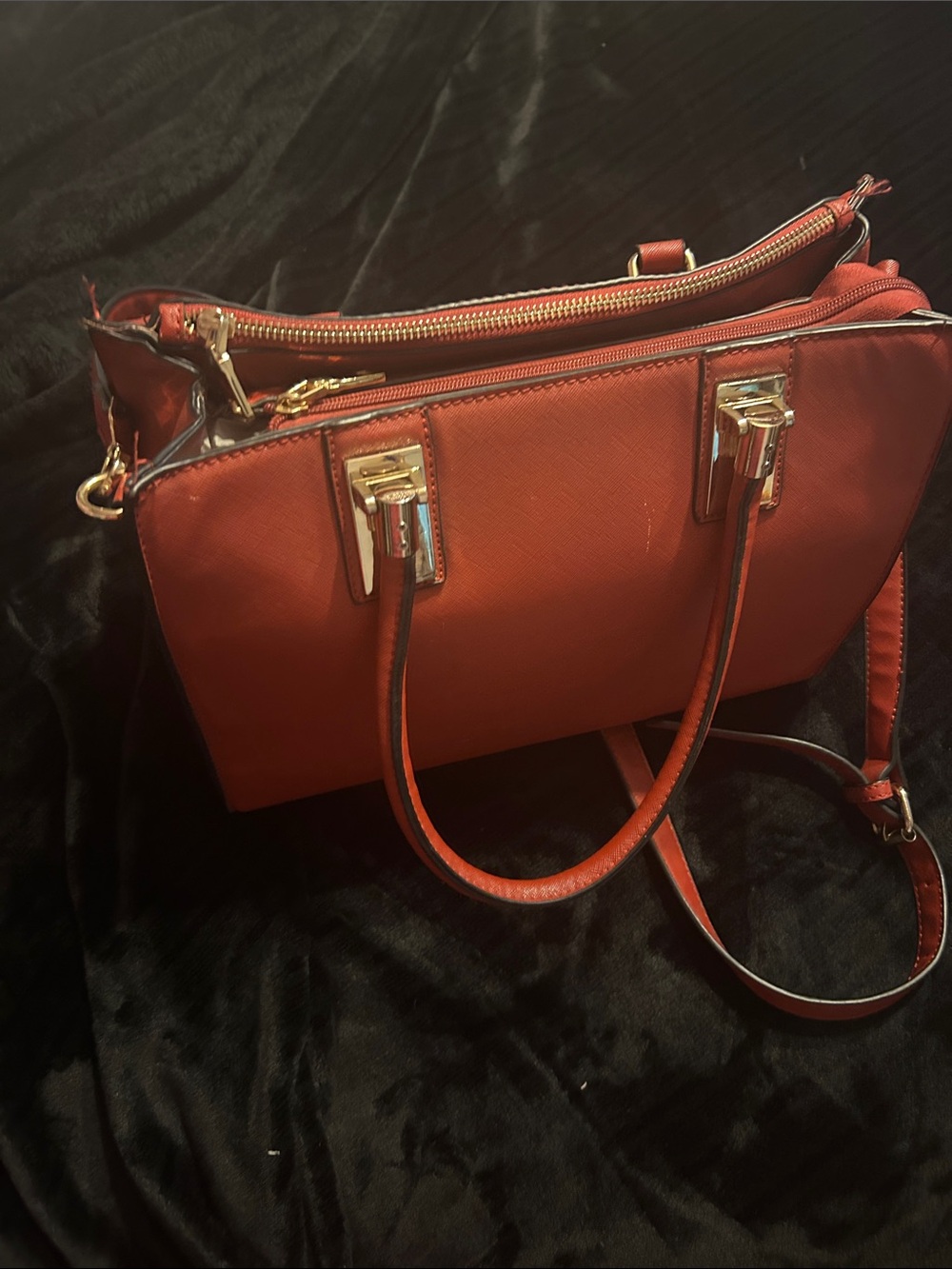 Structured Red Satchel with Gold Hardware - Women Bags